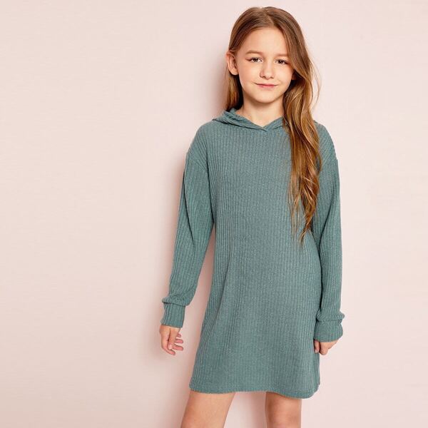 

Girls Solid Rib-Knit Hooded Dress, Green