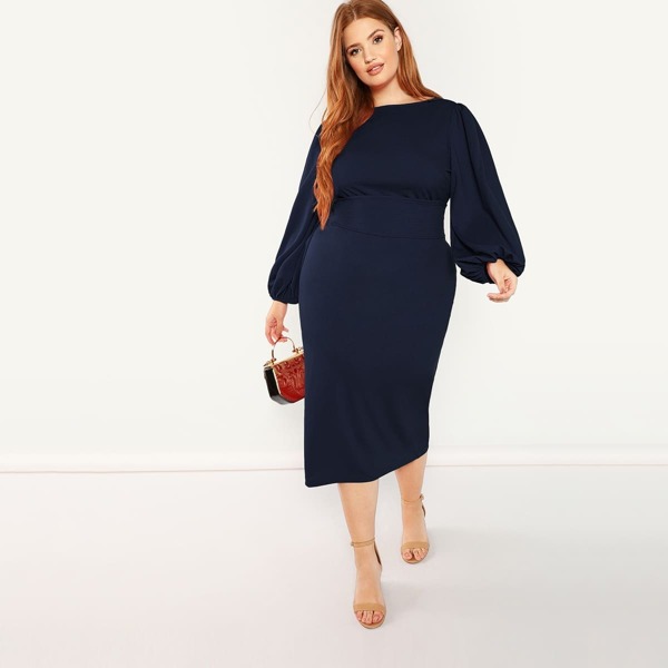 

Plus Balloon Sleeve Belted Pencil Dress, Navy