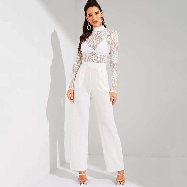 

Contrast Lace Mock-Neck Sheer Jumpsuit