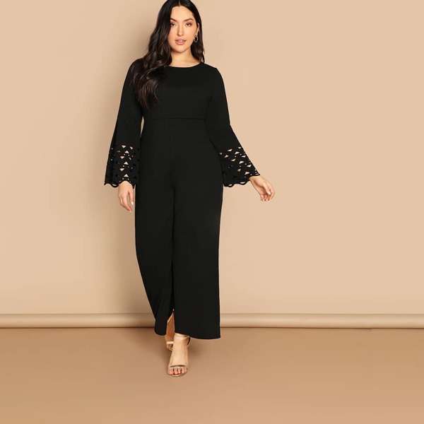

Plus Laser Cut Bell Sleeve Jumpsuit, Black