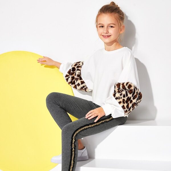 

Girls Sequin Detail Heathered Knit Leggings, Grey