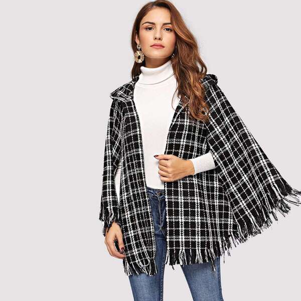 

Fringe Trim Hooded Tweed Cape Coat