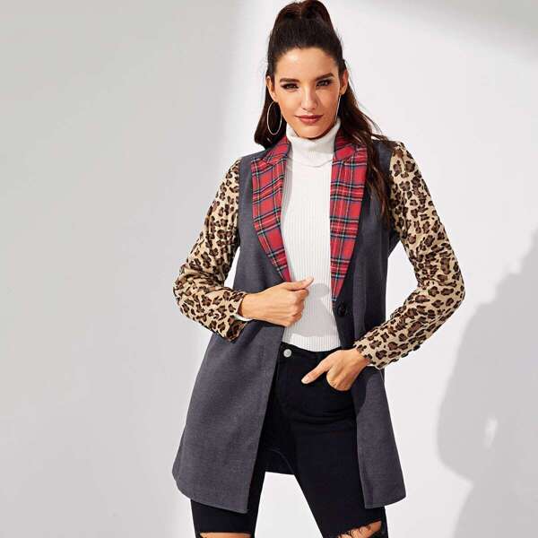 

Leopard and Plaid Print Heathered Knit Coat