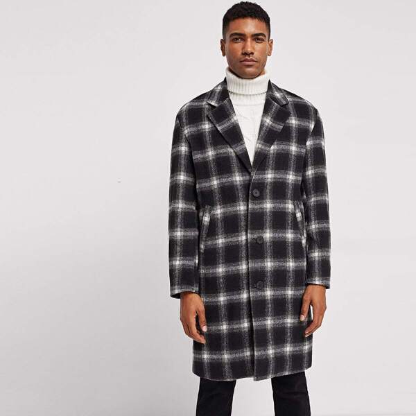 

Men Single Breasted Notch Neck Plaid Coat