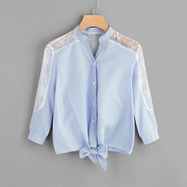 

Contrast Lace Knot-front Striped Shirt, Blue