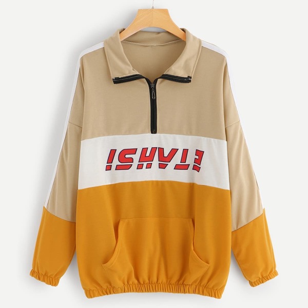 

Plus Colorblock Letter Print Kangaroo Pocket Sweatshirt