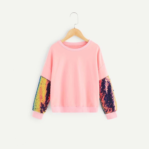

Girls Drop Shoulder Sequin Sleeve Sweatshirt, Pink