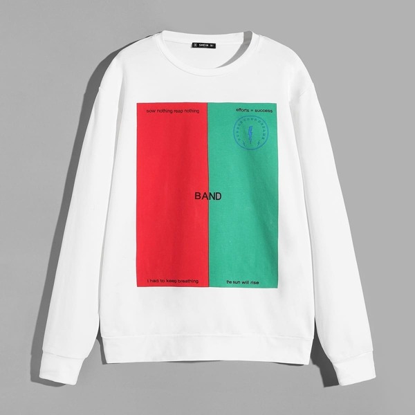 

Men Crew Neck Color Block Letter Pullover