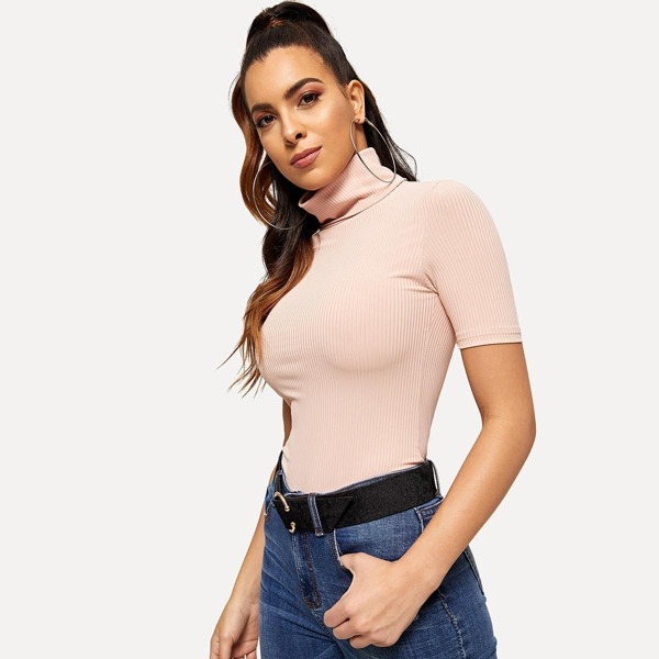 

High Neck Rib Knit Fitted T-shirt
