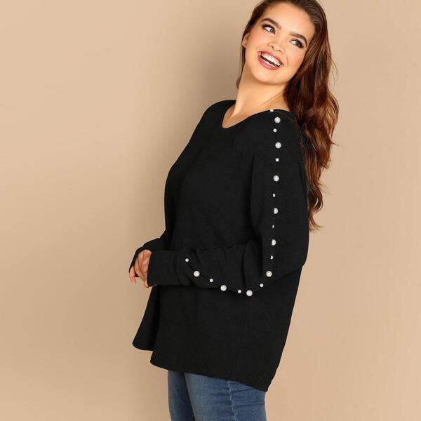 

Plus Round Neck Pearl Beaded Top