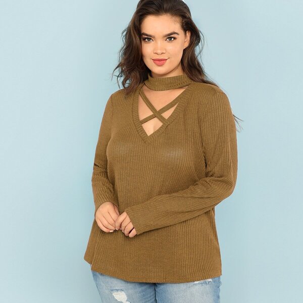 

Plus Crisscross Choker Neck Rib Knit Tee