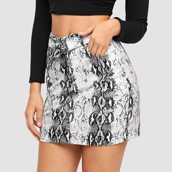 

Snakeskin Print Belted Denim Skirt, Multicolor