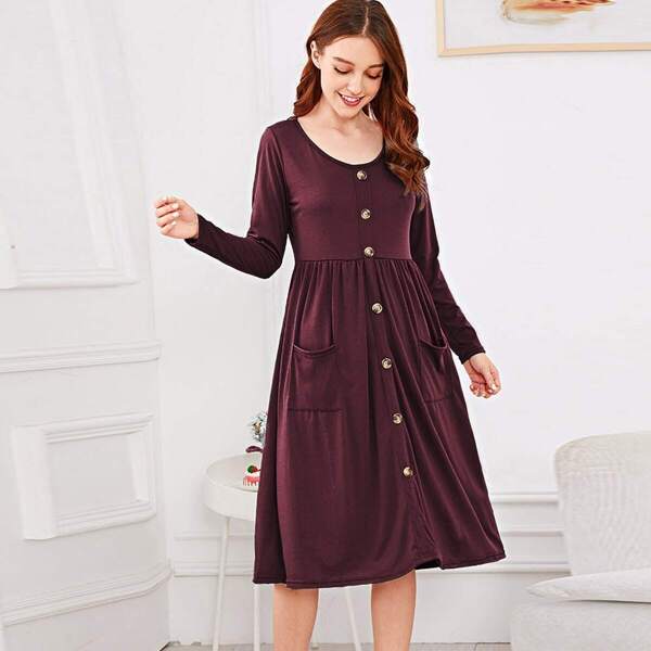 

Pocket Front Button Detail Night Dress, Burgundy
