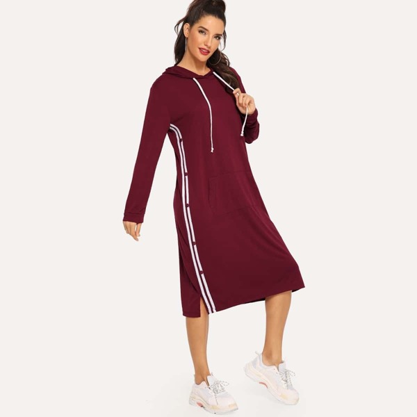 

Tape Detail Kangaroo Pocket Drawstring Hooded Dress