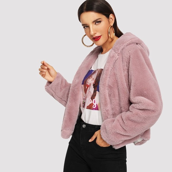 

Solid Open Front Hooded Teddy Coat