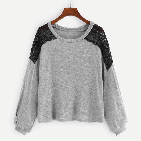 

Contrast Lace Drop Shoulder Sweater, Grey