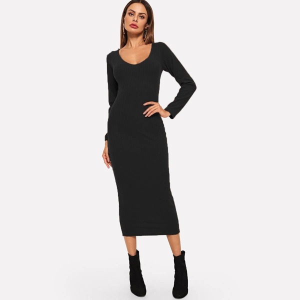 

Ribbed Solid Skinny Sweater Dress, Black