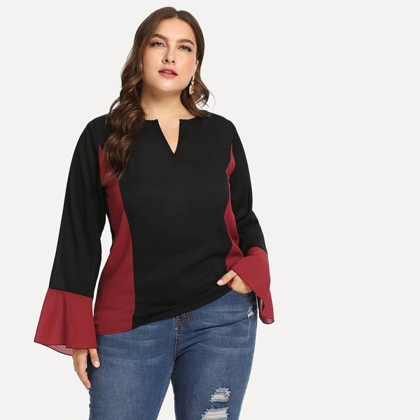 

Plus Contrast Panel Flounce Sleeve Blouse