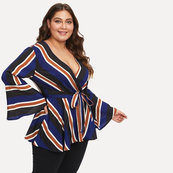

Plus Surplice Front V Neck Blouse, Multicolor