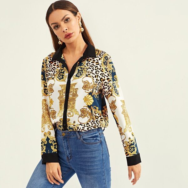 

Mixed Print Button Up Blouse
