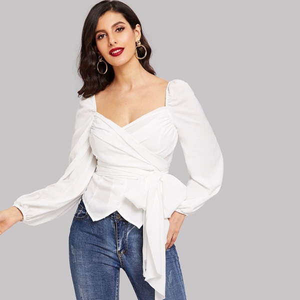 

Self Belt Surplice Sweetheart Asymmetrical Top, White