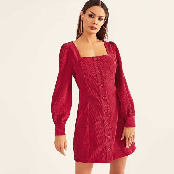 

Square Neck Button Up Corduroy Dress