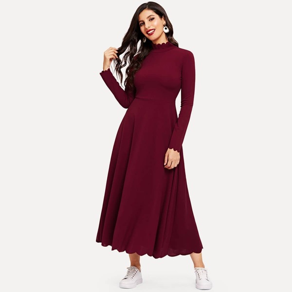 

Mock-Neck Scallop Trim Solid Flared Dress, Burgundy