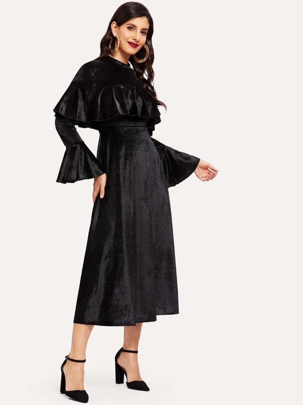 

Ruffle Detail V-Neck Velvet Dress, Black, Jeane