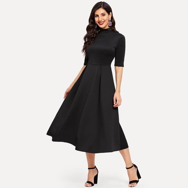

Mock-neck Box Pleated Solid Midi Dress, Black
