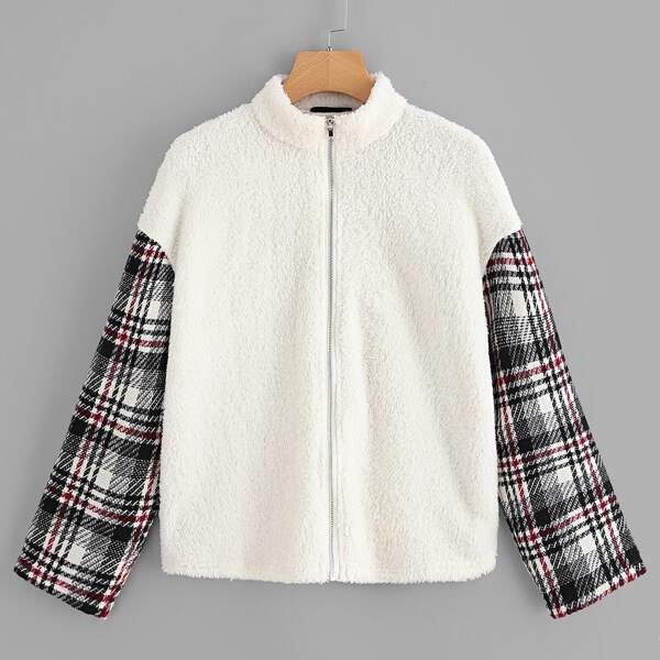 

Contrast Plaid Teddy Jacket