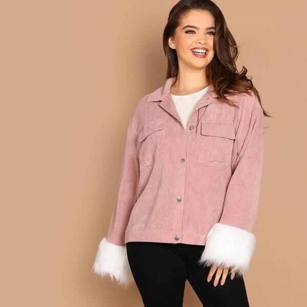 

Plus Pocket Front Contrast Faux Fur Corduroy Jacket, Pink