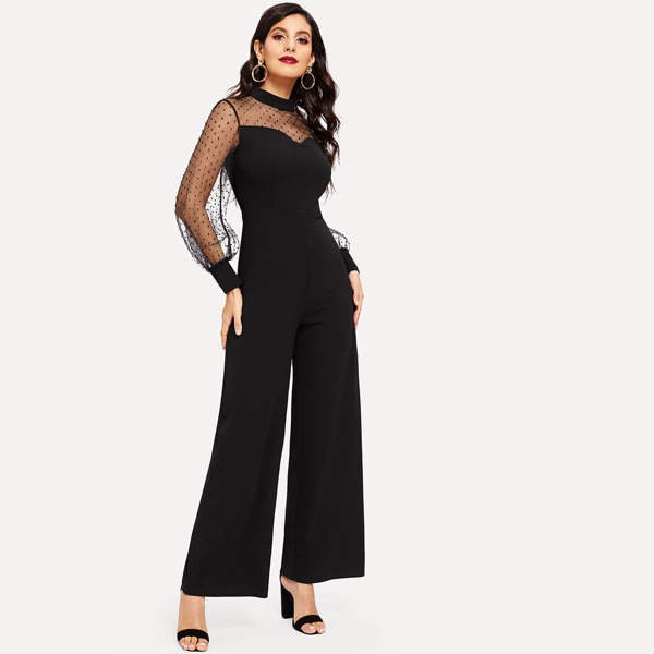 

Sheer Dot Mesh Sleeve Culotte Jumpsuit, Black