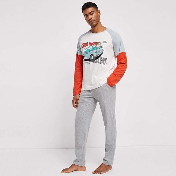 

Men Color-Block Raglan Sleeve Top & Pants PJ Set, Multicolor