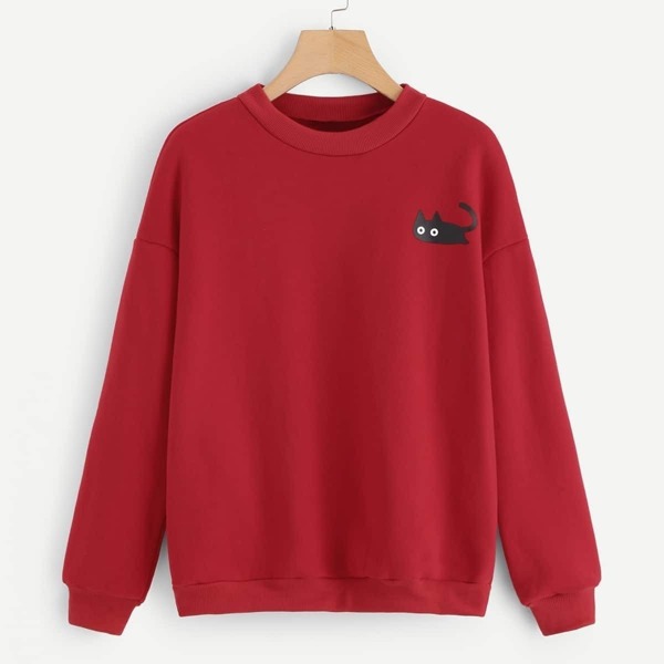

Cat Print Drop Shoulder Pullover