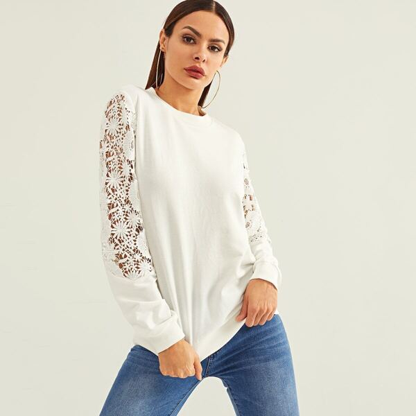 

Guipure Lace Insert Sleeve Solid Pullover