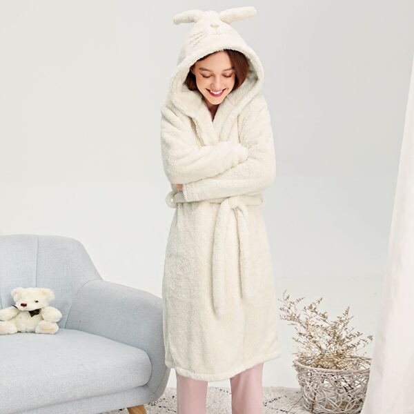 

Cat Embroidered Self Belted Fluffy Robe