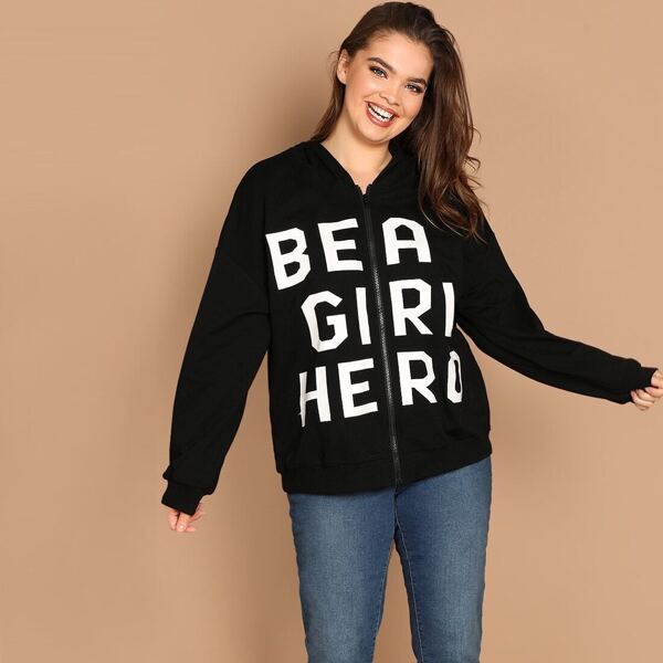 

Plus Letter Print Zipper Up Hoodie