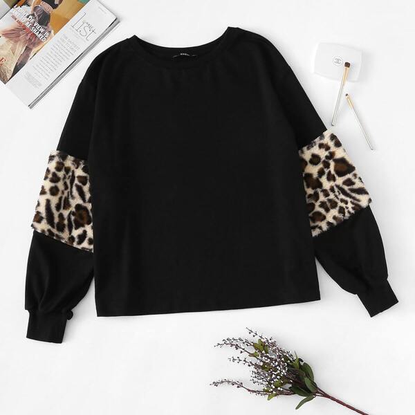 

Plus Contrast Leopard Faux Fur Sweatshirt, Black