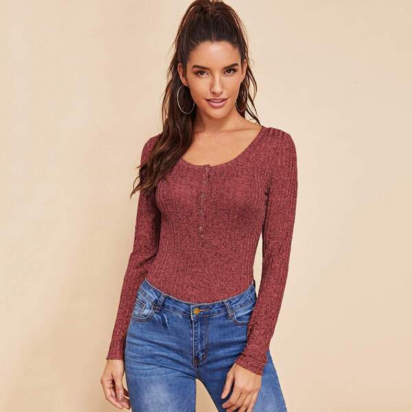

Scoop Neck Rib Knit Henley Tee
