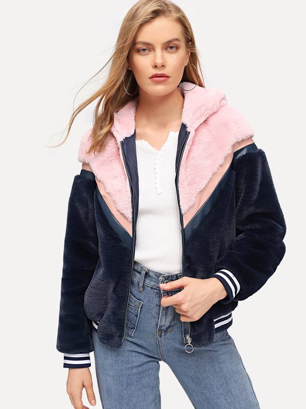 

Zip Front Color Block Hoodie Teddy Coat, Multicolor, Kate C
