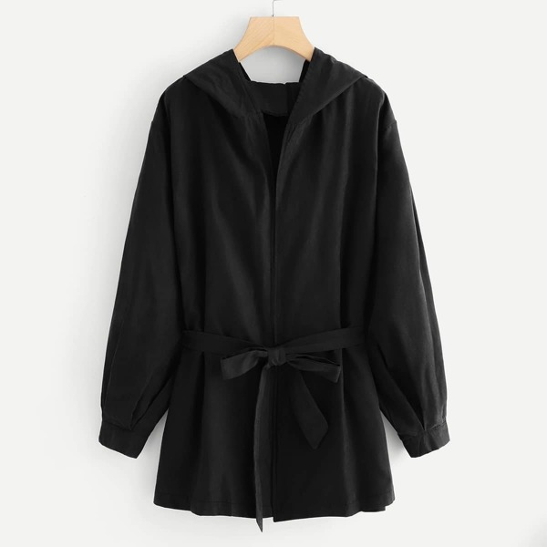 

Plus Waist Belted Hoodie Solid Coat