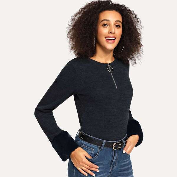 

Faux Fur Cuff Zipper Up Pullover