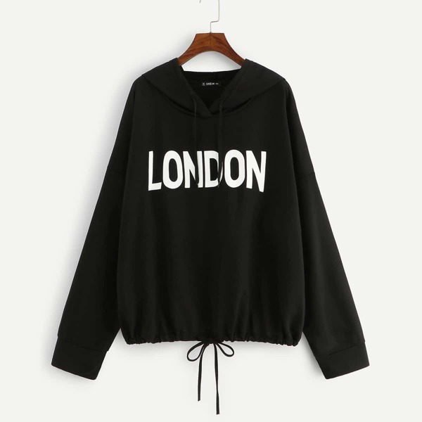 

Plus Letter Print Drawstring Hem Hoodie