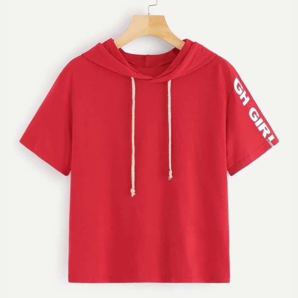 

Letter Print Sleeve Hoodie Top