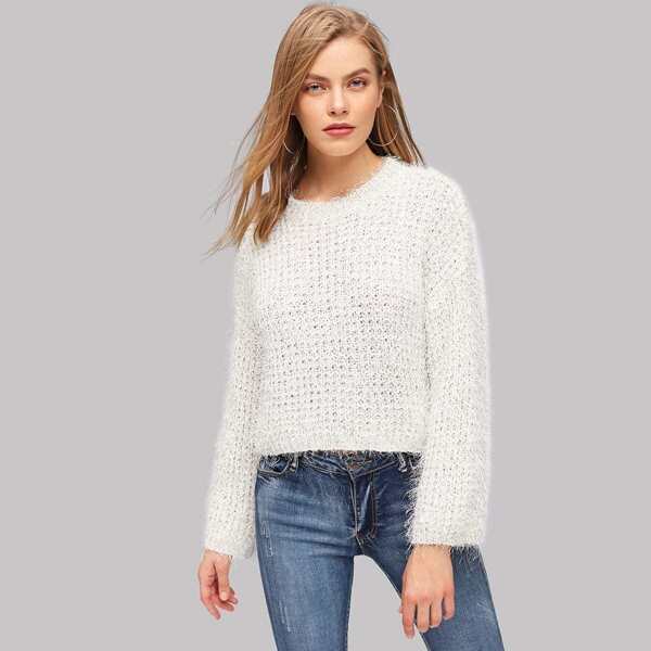

Solid Eyelet Fuzzy Sweater, White