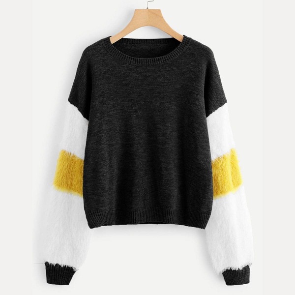

Contrast Faux Fur Sleeve Sweater, Black