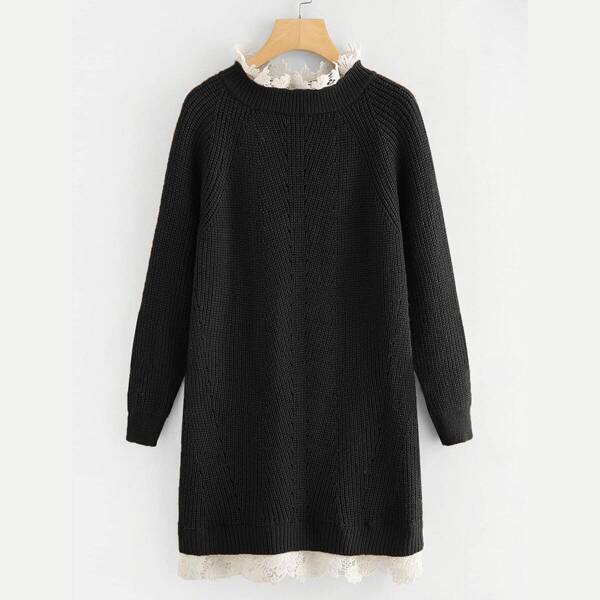 

Floral Lace Insert Knit Dress, Black