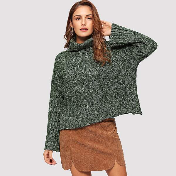 

Mixed Knit Rolled Up Neck Sweater