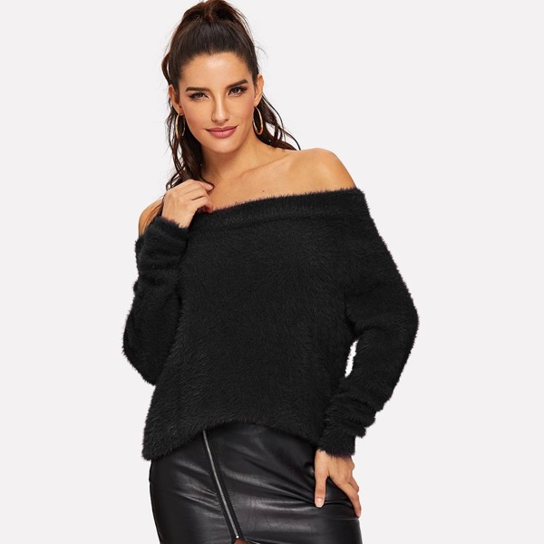 Off Shoulder Fuzzy Sweater