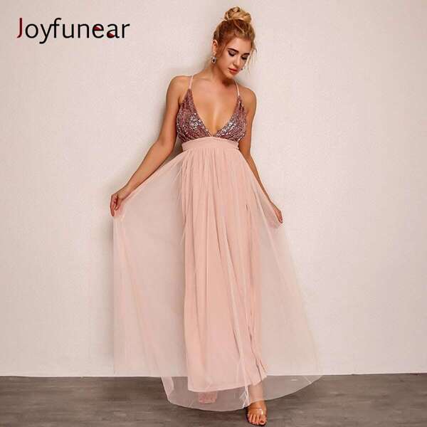 

Plunging Neck Sequin Bodice Mesh Overlay Dress, Coral pink